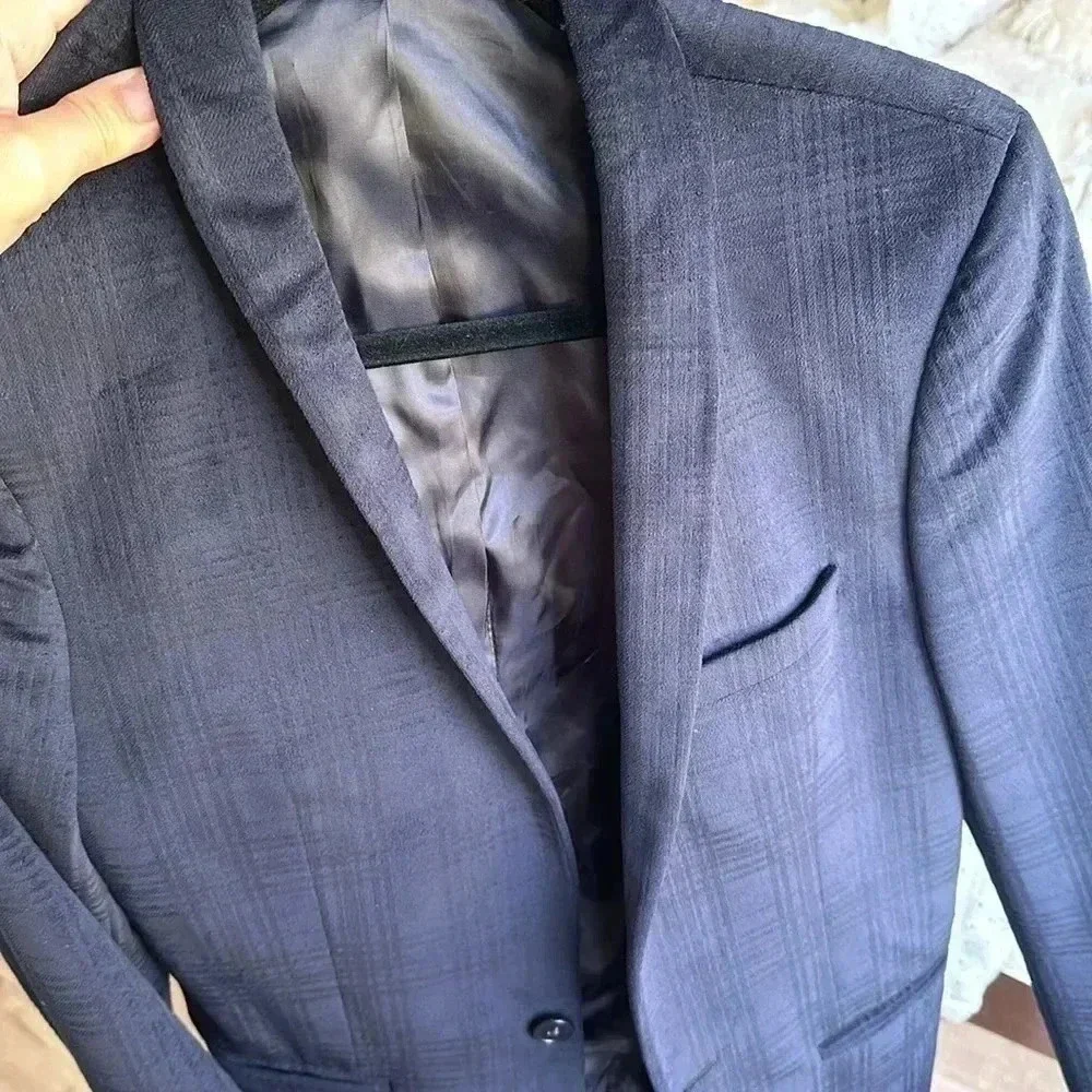 Topman Navy Velvet Plaid Striped Sports Blazer Sz 36